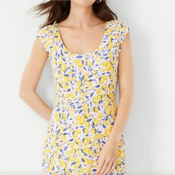 Ann Taylor Yellow Lemon Print Maxi Dress with Blue Leaves - Picture 1 of 14